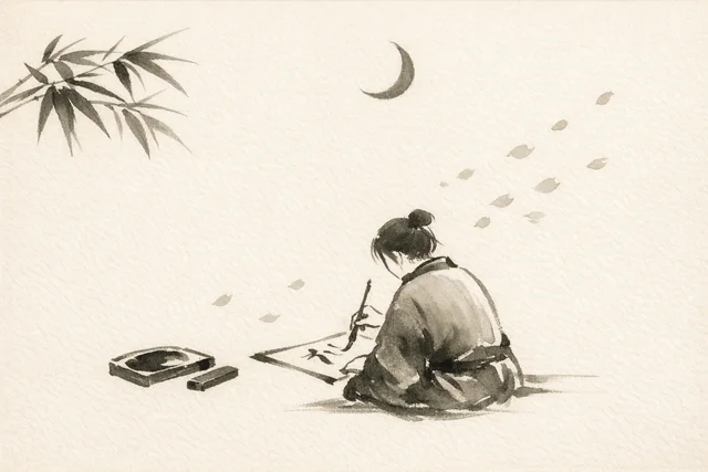 Hand-drawn illustration of calligraphy and cherry blossoms for GutenVerse haiku generator